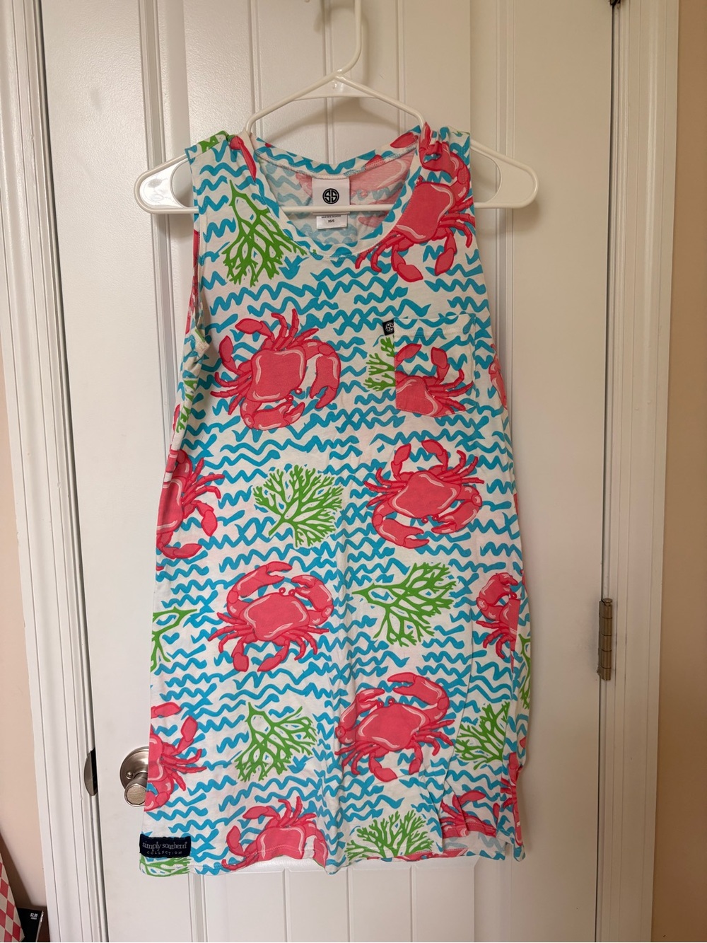 Simply Southern Pink Crab Print Tank Dress with Blue Waves and Green Coral 🪸